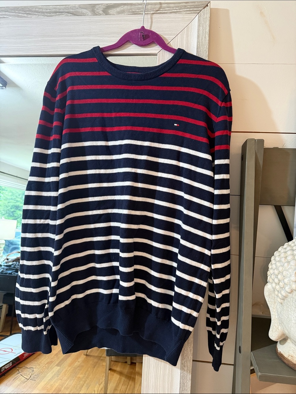 Tommy Hilfiger Navy, Red & White Striped Crewneck Sweater